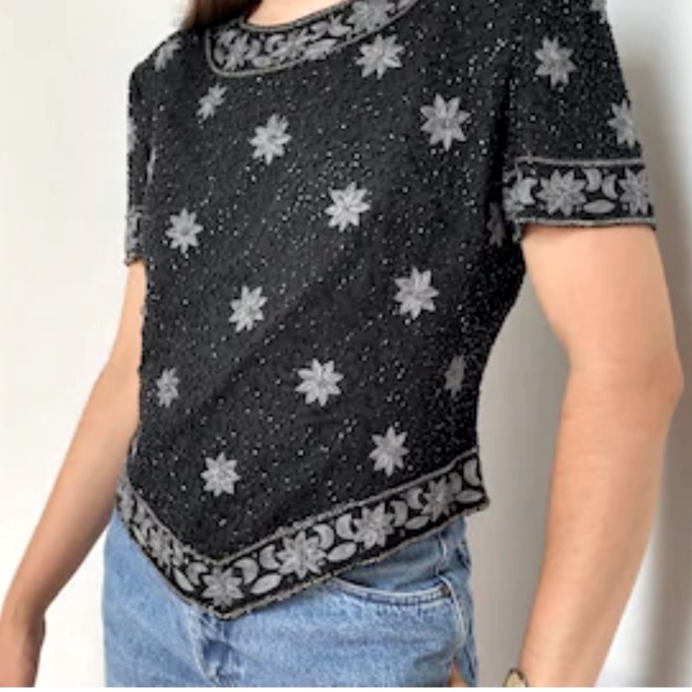 Cote d Azur top Evening SILK Top Blouse Beaded Vintage zs 2X‎